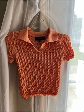 Open-Knit V-Neck Polo Sweater in Orange